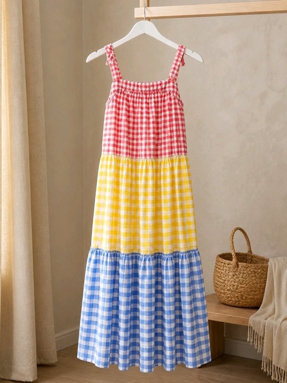 wonder nation Tiered Gingham Sundress in Pink, Yellow & Blue